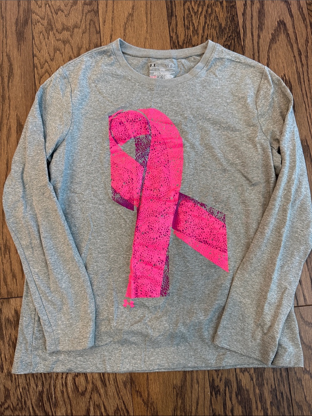 Under Armour Gray Long Sleeve Tee with Bright Pink Ribbon